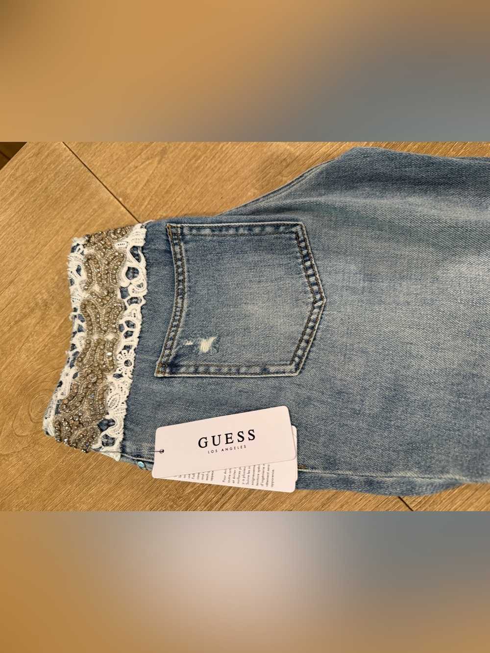 GUESS Light Blue low rise Jeans with Lace Trim and Beaded Waist